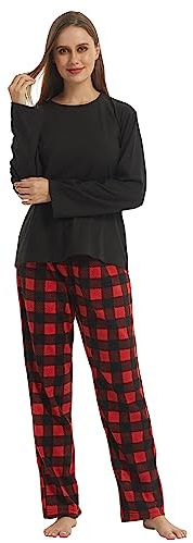 LNFINTDO Pigiama da Donna in Pile con Top a Maniche Lunghe e Pantaloni Pigiama a Quadri Morbidi Indumenti da Notte per Il Tempo Libero Caldo Set 2 Pezzi