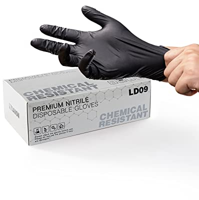LANON 6 mil Black Nitrile Disposable Gloves, EN ISO 374 Chemical Resistant, Heavy-Duty, Mechanic, Textured Fingertips, Powder-Free, Latex-Free, XL(Pack of 100)