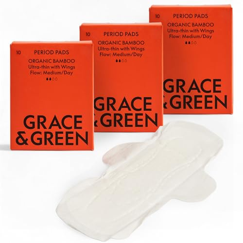 Grace & Green Organic Bamboo Daytime Pads, Medium Flow, 30 Pack | Leak-Locking Technology, Super Absorbent Core, Secure Fit with Wings, Free From Chlorine Bleach, Dyes & Fragrances, 3 x 10