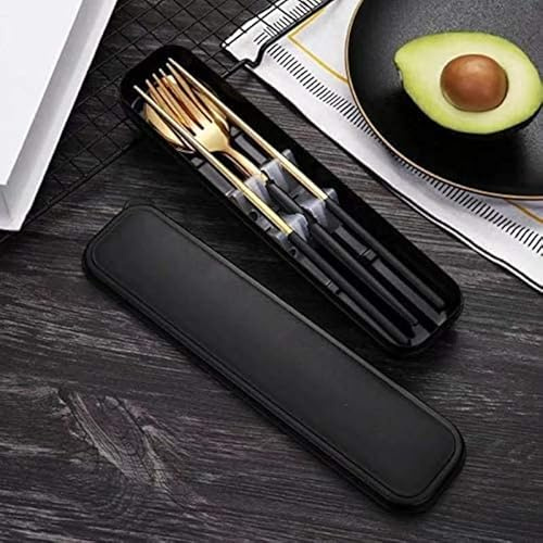 HonHeam 4-teiliges tragbares Edelstahl-Geschirr-Set, spülmaschinenfest, wiederverwendbar, Besteck-Set, inklusive Gabel, Löffel, Essstäbchen mit Box (Goldschwarz)