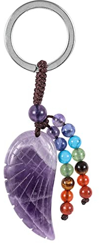 KYEYGWO Healing Crystal Angel Wing Keyring for Men Women, 7 Chakra Stone Keyring Decorative Healing Stone Wing Pocket Pendant Lucky Charm Pendant for Lanyard, Amethyst