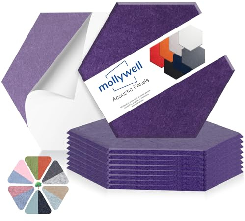 Mollywell Hexagon Acoustic Panels, High Density, Soundproofing, Decorative Noise Reduction Felt Wall Tiles for Ceilings, Home Office & Gaming Room (Violet), 14x12x0.4 Inch