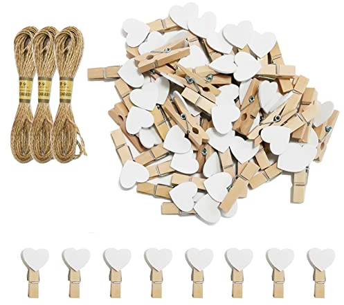 200 Stück Herz Wäscheklammer, 3,5cm Mini Herz Holzklammern, Herzklammern | mit 30m Natur Juteschnur, Dekoklammern Zierklammern für Hochzeit Party Foto Karte DIY und Basteln, Weiß