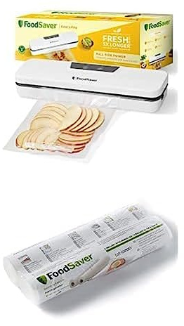 FoodSaver Everyday Machine Sous Vide Alimentaire Avec 5 sacs d'emballage sous vide (0,94L & 3,78L) & FoodSaver 2 rouleaux sacs de mise sous vide réutilisables, Sans BPA (28 cm x 5,5 m)
