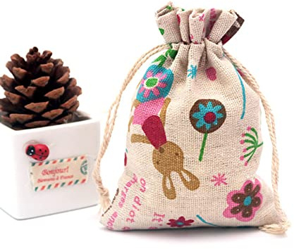 50pcs 10x14cm lin imprimé coton sacs-cadeaux naturel toile de jute bijoux voyage pochette de rangement bonbons jute sacs d'emballage bébé douche-lapin, 10x14cm, sac imprimé