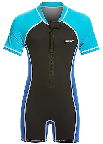 Sporti Kids Full Wetsuits - Seaskin Wetsuit for Boys Girls - Neoprene Thermal Swimsuits for Swim Practice - Short Sleeve Thermal Swimsuit - 1.5mm UPF 50 Short Sleeve Solid - Black/Blue - 3T