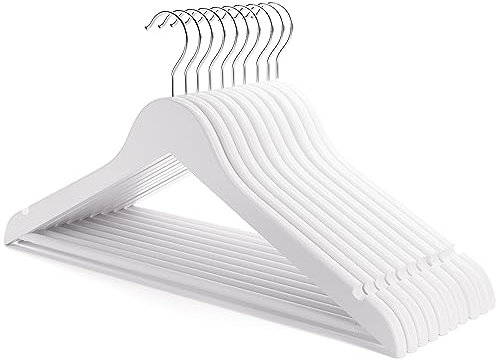 HANGERWORLD 10 Wooden 45cm Coat Clothes Garment Hangers with Non Slip Trouser Bar (White)
