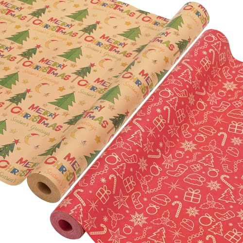 AhfuLife 2 Rollen Weihnachtsgeschenkpapier, 43cm x 15m Geschenkpapier Weihnachten Set, Nature Kraftpapier Weihnachtspapier Set für Xmas Weihnachten Papier Geburtstag Geschenk Verpackung