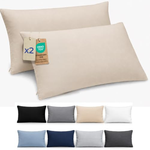 Dreamzie Funda Almohada 50x70cm - Lote de 2 de Microfibra con Cremallera Certficadas Oeko Tex - Funda Almohada Suave y Cepillada - Beige