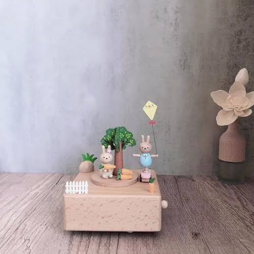 QNINE Spieluhr Kaninchen und Skateboard aus Buchenholz Spieldose Musikbox mit Kanon D-Dur, Holzspielzeug Geschenk für Geburtstag Valentinstag Weihnachten