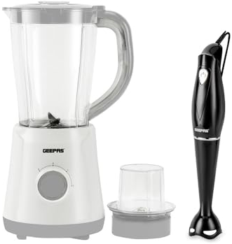 GEEPAS 500W Electric Jug Blender and 180W White Hand Blender Combo set, Stainless Steel Blades, 2 Speed with Pulse Function, 1.5L Jar Coffee Grinder Mill, Stick Blender - Grey & Black