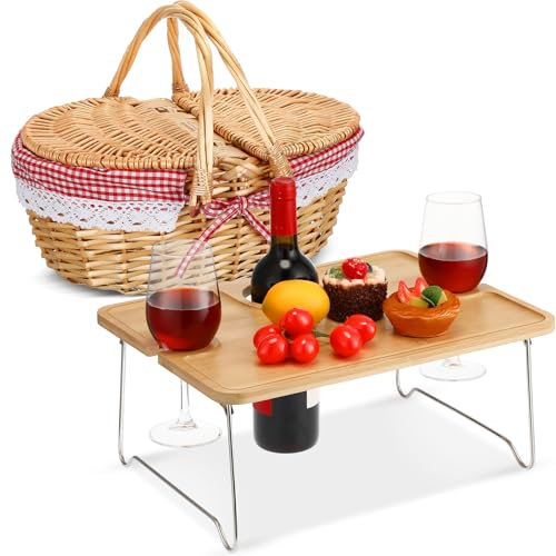 FoldTier Picknickkorb mit faltbarem Weintisch-Set, handgefertigter Weidenkorb mit Deckelgriff, tragbarer Bambus-Tablett, Tisch für 2 Outdoor-Camping, Picknick, Wein-Set, Geschenk für Paare (Rot und