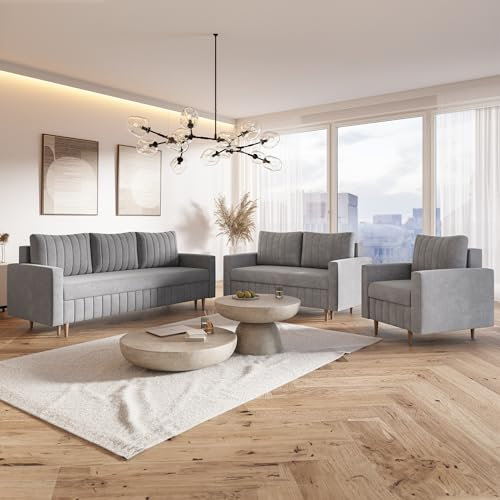 MOTIVENA Leo Sofagarnituren, Sofa Set 3 2 1 Wohnzimmer, Sofa 3 2 1 Set, Couch Set, Futon Set, Wohnzimmer Couch Set, Couch 3 2 1 Set, Taschenfederkern (H3), Samt, Grau Hellgrau