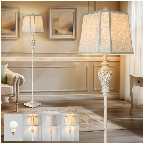 LuxSight Collection Rustic Floor Lamp 65'' Tall with Nightlight Cut Corner Linen Fabric Shade Vintage Standing Lamp for Living Room, Bedroom, Office, House (Bulb Included)