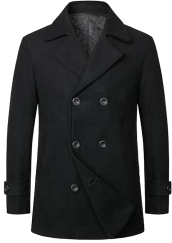 HOOD CREW Gabardina gruesa para hombre, abrigo de doble botonadura, abrigo cálido de longitud media, Negro, M