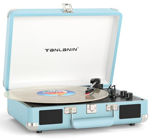 Bluetooth Suitcase Record Player with Built‑in Speakers, Bass & Treble Control, 3‑Speed Belt‑Drive Turntable with Auto‑Stop, RCA & AUX Output, Portable Vinyl Player for 33 45 78RPM LPs
