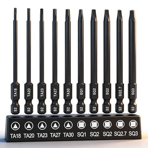 10 brocas especiales para destornilladores, triangulares, puntas cuadradas, 89 mm de largo, triángulo y cuadrado, con cabeza magnética fuerte, acero S2, vástago hexagonal de 1/4 pulgadas