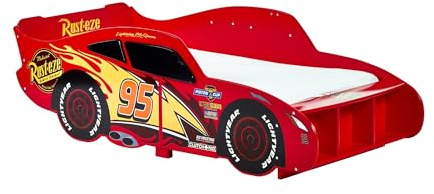 Disney Cars Saetta Mcqueen - Lettino per bambini, struttura robusta, lati protetti, doghe in legno, colore rosso brillante, adatto per materassi da 140 x 70 cm (materasso non incluso)
