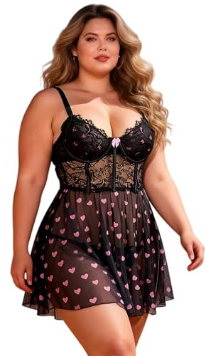 ohyeahlady Camisón Corto Tirantes Mujer Encaje Talla Grande Vestidos Playeros Camisolas Dormir Babydoll Cuello V Pijamas Suaves Transpirables Camisones Lenceria Curvy con Tanga Negro,XXL
