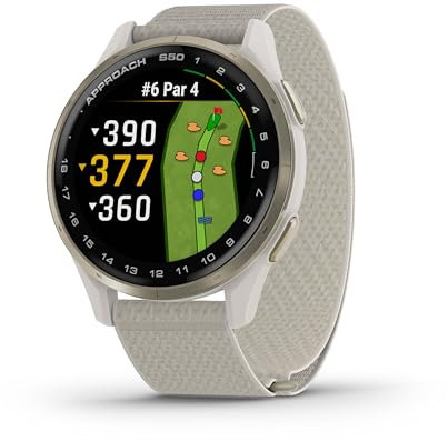 Garmin Approach® S50 Advanced Golf GPS-Smartwatch, AMOLED-Display, On-Course-Funktionen, Herzfrequenz am Handgelenk, cremegoldene Aluminium-Lünette mit elfenbeinfarbenem ComfortFit-Nylonband