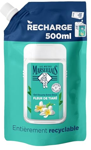 Le Petit Marseillais – Recharge Gel Douche Extra Doux Fleur de Tiaré (écopack de 500 ml) – 92% d'ingrédients d'origine naturelle – pH neutre pour la peau et sans colorant