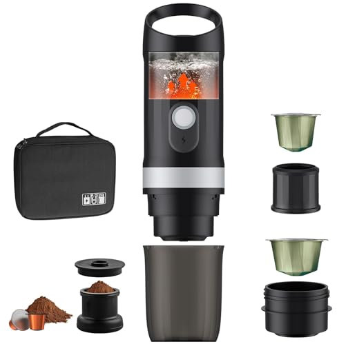 FUNYKICH Portable Coffee Maker with Outdoor Carrying Bag, Travel Car Portable Espresso Maker for Camping, Self-Heating with USB-C, Ground Coffee & Compatible for NS Capsule, for RV, Hiking, Office