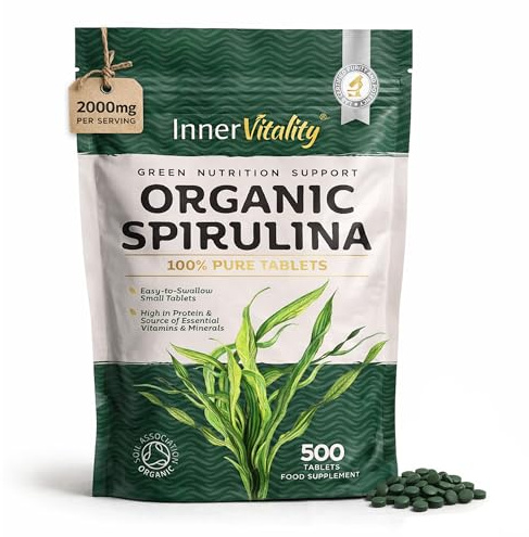 Organic Spirulina 500 Pure Tablets - 2000mg Serving, Cold-Pressed Rich in Vitamins & Minerals for Immunity & Energy by Inner Vitality