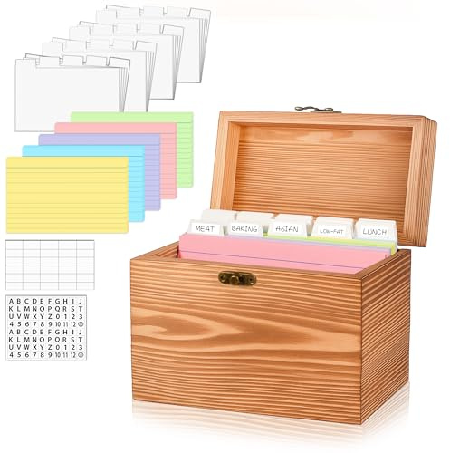 MOBYKE Index Card Holder 4x6, wooden Origanizer Recipe Box with 100 PCS Flash cards, 30 White Dividers, 1 Blank Sticker and 1 Letter Sticker, Flashcard Notecard Holders for Home Office