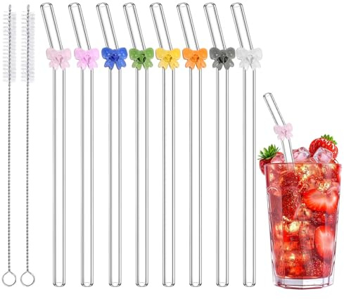 Lot de 8 pailles en verre avec brosses de nettoyage, jolies pailles en verre colorées et résistantes aux chocs, réutilisables pour perles Boba, smoothies et fêtes d'été