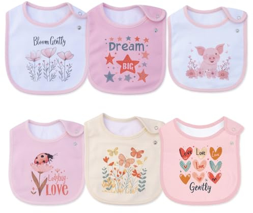Maiwamita Paquete de 6 baberos impermeables de algodón con estampados de animales y flores para bebés niñas y niños para babear y comer con botones ajustables, Multi02, Talla única
