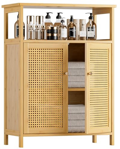 HITNET Rattan Badezimmerschrank, Bambus Badschrank mit Doppeltür, Freistehender Bodenaufbewahrungsschrank Seitenorganizer für Bad, Küche, Wohnzimmer, Natur