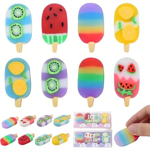 8 Stück Stücke Radiergummi Set, Schulkind Geschenk, Geschenk Einschulung, Fruchtgeschmack Lustige mit Obstmotiv, Eis Radiergummi (Eis)