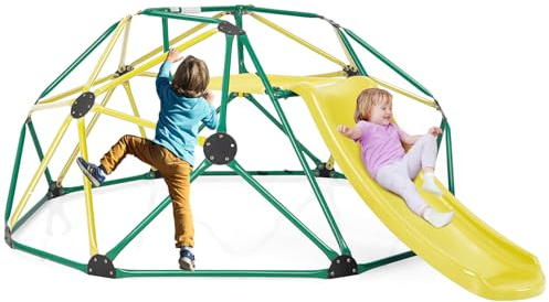 HOMASIS Ø 183cm Kletterkuppel mit Rutsche, Klettergerüst Kuppelform, Spielplatz Outdoor & Indoor, 180 kg belastbar, Kletterturm für Kinder 3-10 Jahren, für Garten, Hinterhof (Grün+Gelb)