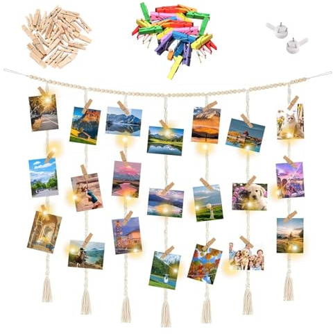 Fotovorhang mit 60 Holzklammern klein - Boho Fotovorhang Hängende, Kreativ Fotovorhang, DIY Fotowand Fotogirlande, Fotokette Bilderrahmen für Wohnkultur Schlafzimmer Deko, Personalisierte Geschenke