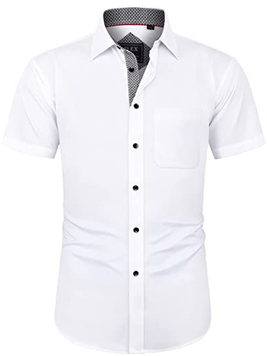 J.VER Mens Shirt Short Sleeve Stretch Non Iron Formal Dress Shirt Regular Fit Business Casual Wedding Work Office Button Down Shirt White Black S
