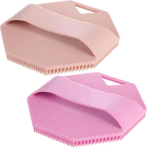 2 Pcs Silicone Body Scrubber, Loofah for Shower with Hook, Gentle Exfoliating Shower Loofah Brush, for All Kinds of Skins-Easy to Use and Clean (Pink and Skin Tone)