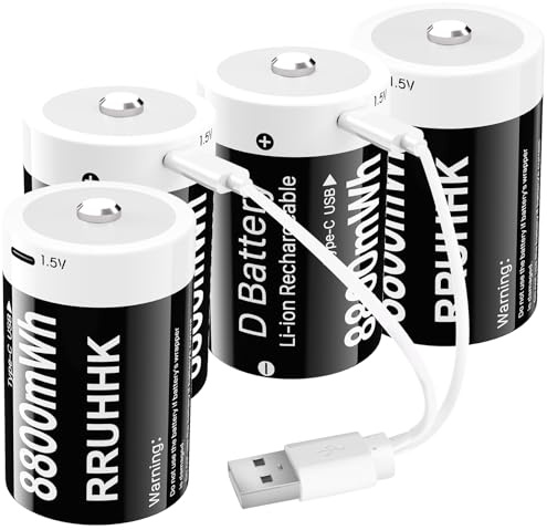 (8800mWh) Wiederaufladbare D Akku, Neue Upgrade hohe Kapazität 1.5V Lithium D Zelle Batterien Ersatz für Scheinwerfer, elektronisches Spielzeug usw., mit 2-in-1 USB-C Kabel - 4 Stück
