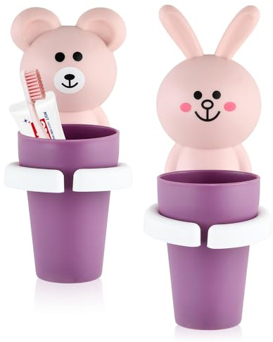 2 Stück Zahnbürstenhalter für Kinder, Zahnputzbecher Kinder ohne Bohren, Cartoon Zahnbecherhalter Wandmontierter, Niedliche Tier-geformte Zahnbürstenhalter Selbstklebend Wasserdicht (rosa)