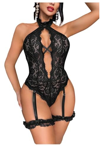 SOLY HUX Women's Lace Garter Lingerie Halter Cutout Backless One Piece Teddy Bodysuits Nightwear Pure Black Small