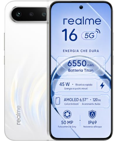 realme 16 5G Smartphone 6550mAh Batteria, 6GB RAM 256GB ROM, Display AMOLED 120Hz, Ricarica 60W, IP69 Impermeabile, Air White
