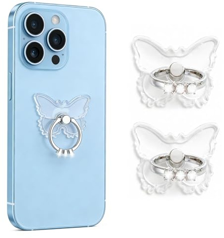 KixMalkinly 2Pcs Butterfly Diamond Phone Ring Holder Stand,Transparent Cell Phone Ring Holder with 360° Rotation Finger Grip Kickstand,Compatible with iPhone, Smartphones and Phone Cases-Silver
