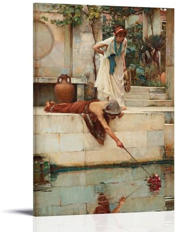 1916 The Rescue Wall Art Print - John William Waterhouse Pre-Raphaelite Painting Featuring A Garden Scene with Pond And Figures Picture Print Wall Art Painting Canvas Artworks Gift Idea Room Aesthetic