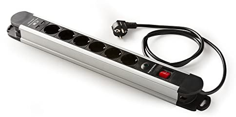 FAMATEL – Regleta aluminio 6 tomas y 2 USB | Enchufes con Interruptor Luminoso | 1,5 Metros | Hasta 3680W | Protección Infantil | Orientación tomas a 45º | Evita consumos fantasma | Negro