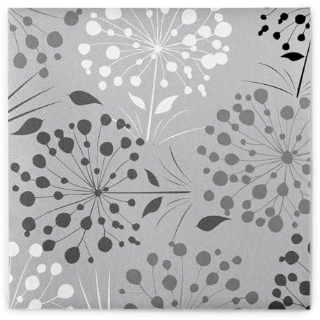 Sovie HOME Serviette ERNA in GRAU aus Linclass Airlaid, 40 x 40 cm, 1/4 Falz, 12 Stück, zarte Pustblumen auf grauem Hintergrund, elegant, floral, Einweg, festlich