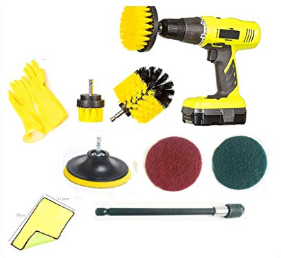 HUAWELL 9-teiliges Bohrer-Peeling-Set mit Extender Haushaltshandschuhe Reinigung Textil Peelingbürste für Fugenböden Wanne Dusche Fliesen Ecken Badezimmer Oberfläche Küche