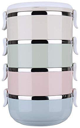 Bewinner Tragbare Reiseschalen für Haustiere, 4-lagiges Edelstahl-Reisefutter-Set, speziell für Haustiere in der Reise entwickelt, Deckel mit Gummidichtung für den Transport von Wasser, auslaufsicher