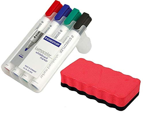 STAEDTLER 351 WP4 Lumocolor Whiteboardmarker, 4 Stück in aufstellbarer Box, farblich sortiert im Bonus Pack mit blauem Löscher (1, Stifte + Löscher Rot)