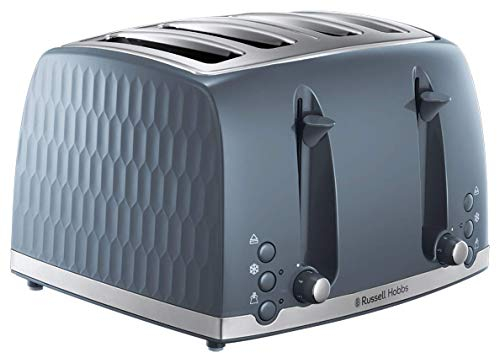 Russell Hobbs Honeycomb 4 Slice Toaster (Independent & Extra wide slots with high lift, 6 Browning levels, Frozen/Cancel/Reheat function, Removable crumb tray, 1500W, Grey textured high gloss) 26073