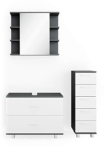 Vicco Badmöbel-Set Ilias, Weiß/Anthrazit, 80 cm | besteht aus Waschbeckenunterschrank, Spiegelschrank und Midischrank