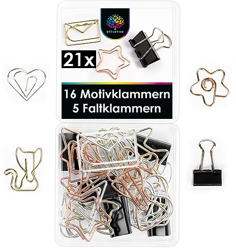 OfficeTree 16 x Metallic Büroklammern Motiv - Lustige Büroklammern Set inklusive 5 Foldbackklammern - Schreibtisch Büroklammern Deko in praktischer Aufbewahrungsbox